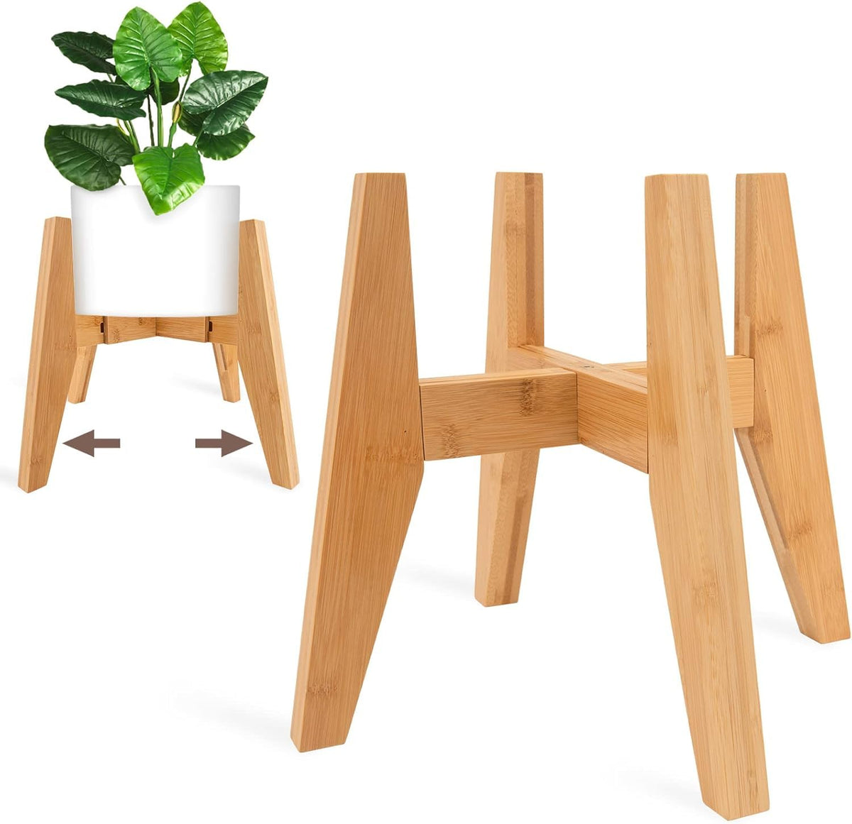 LEIMO KPARTS adjustable bamboo plant stand, top view, fits 8–12 inch pots for flexible display