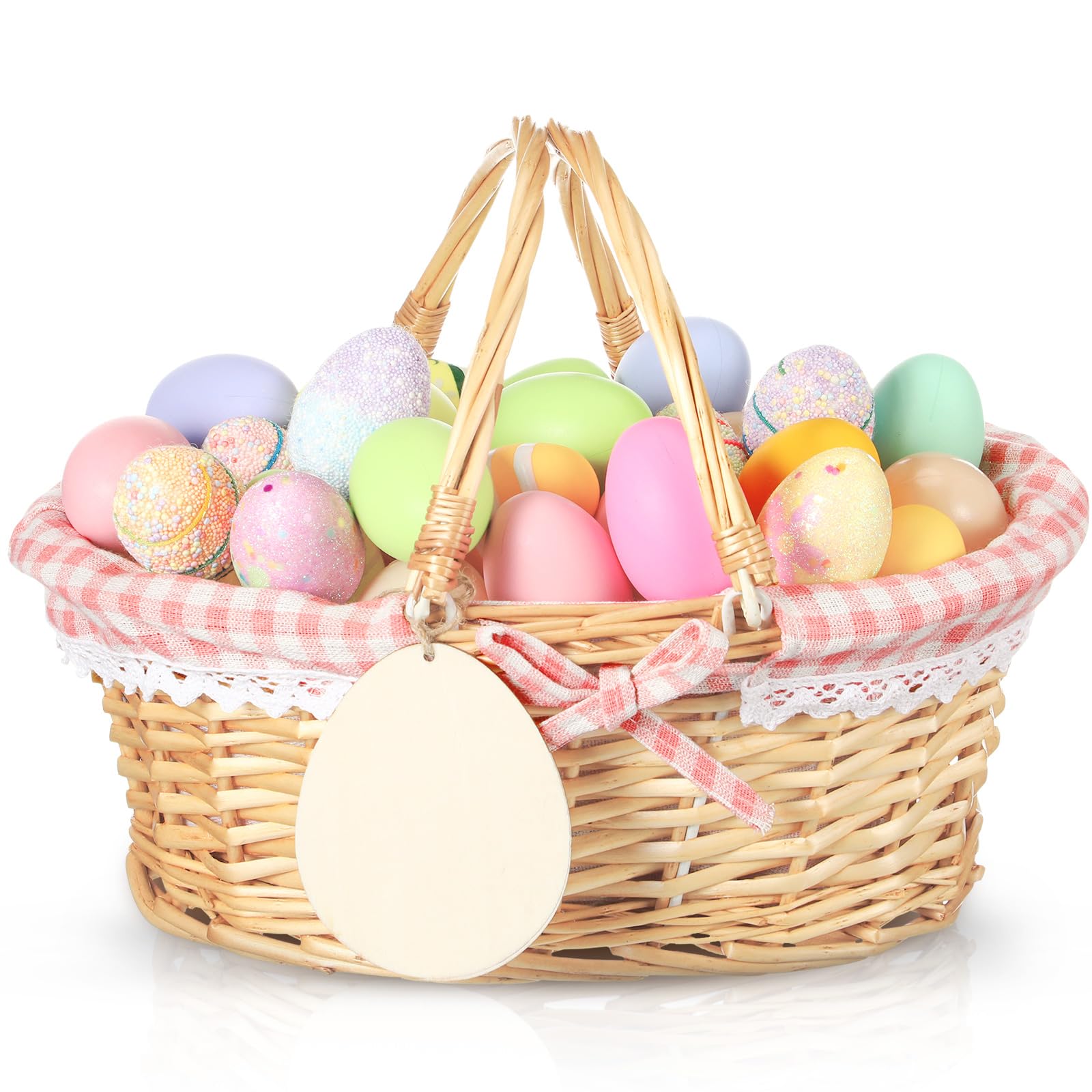 Leinuosen Easter basket with pink lining and sturdy handle for easy transport.