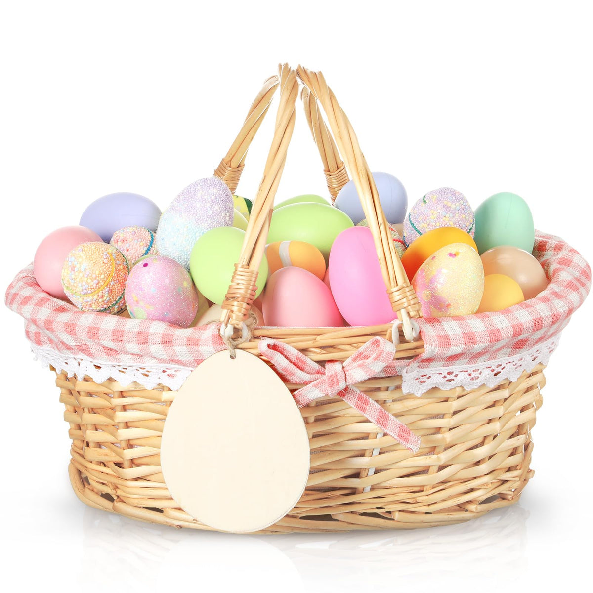 Leinuosen Easter basket with pink lining and sturdy handle for easy transport.