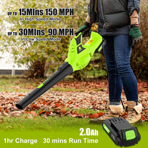 Leisch Life 21V leaf blower battery indicator visible during use.