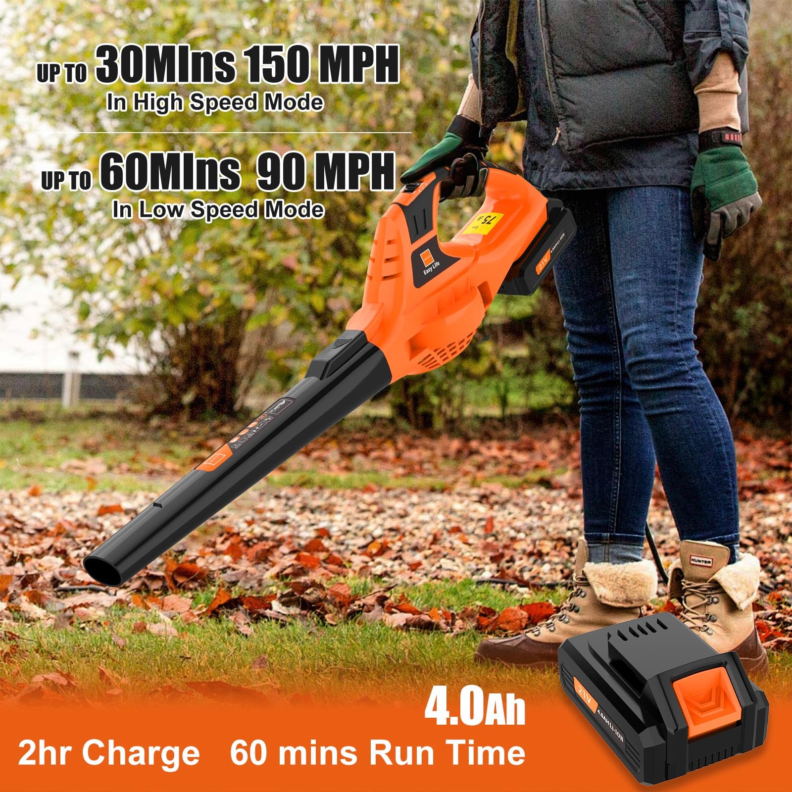 Leisch Life 21V leaf blower shown as portable handheld design for quick cleanup