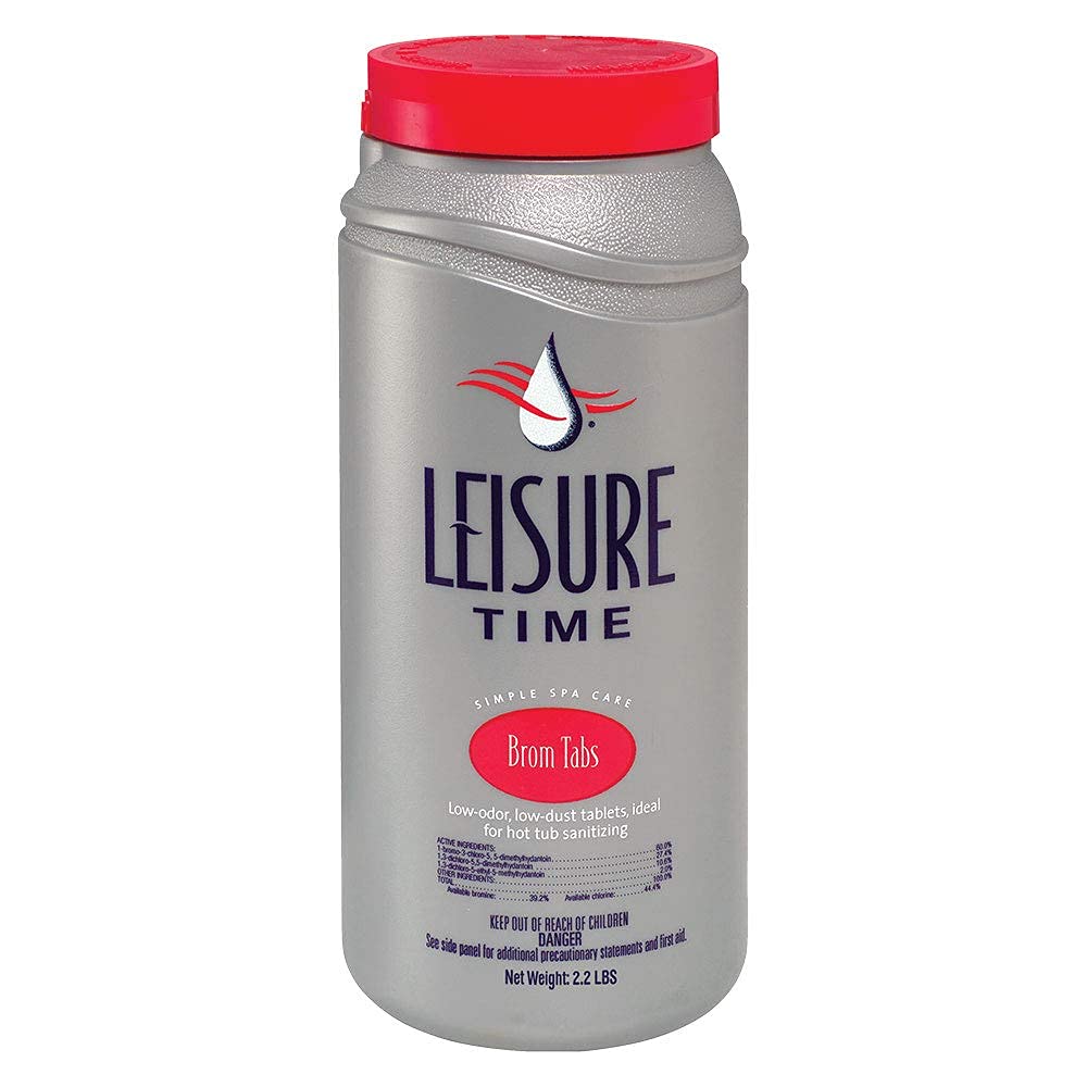 Leisure Time Brom Tabs bottle for low-odor spa sanitation and easy dosing.