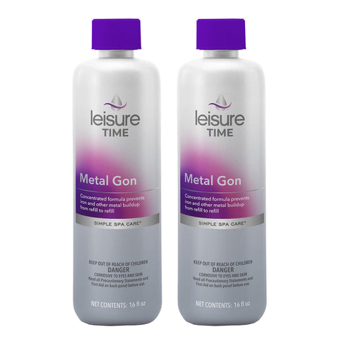 Leisure Time Metal Gon bottle being poured to prevent iron staining in spa water