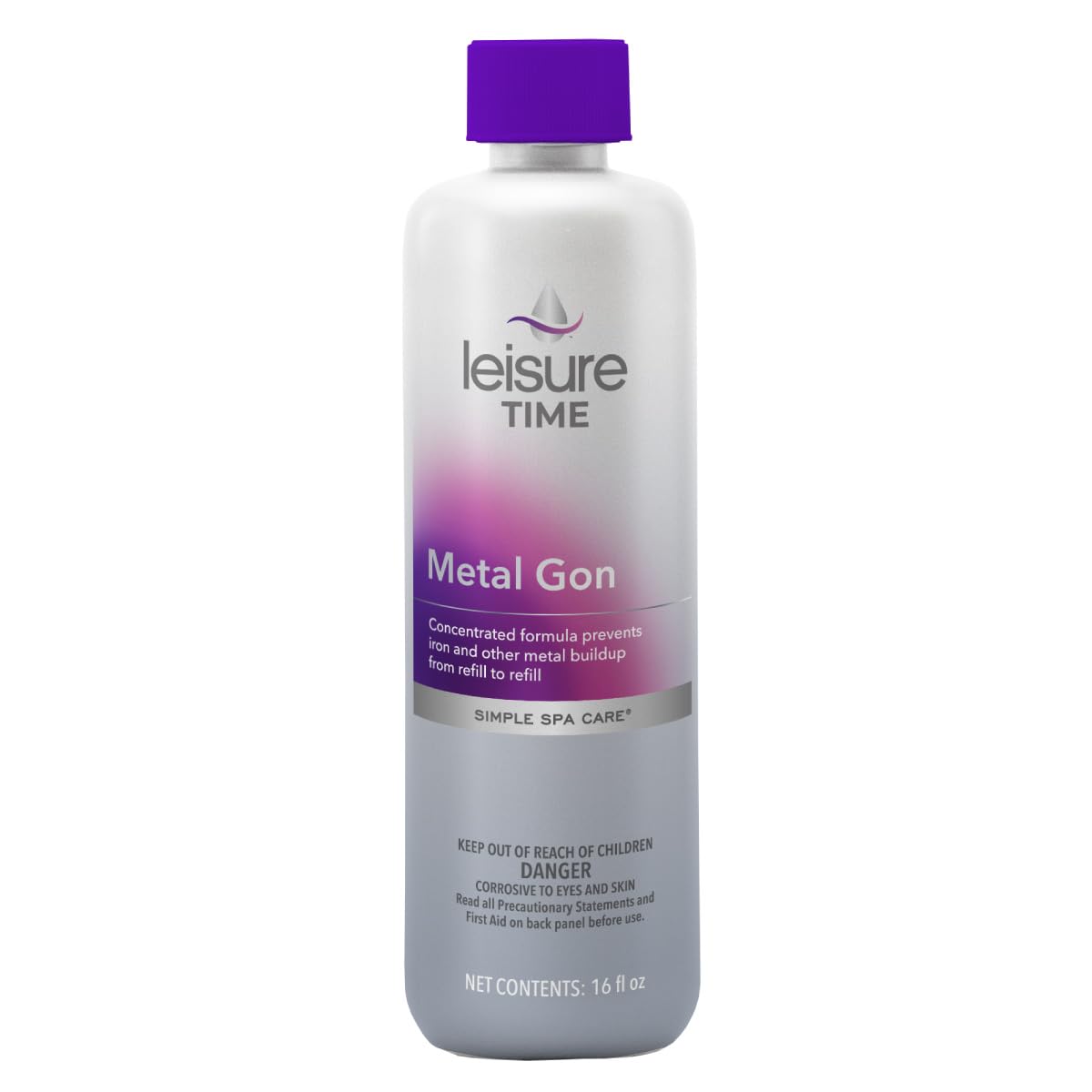 Leisure Time Metal Gon bottle front ready to prevent metal staining in spa water.