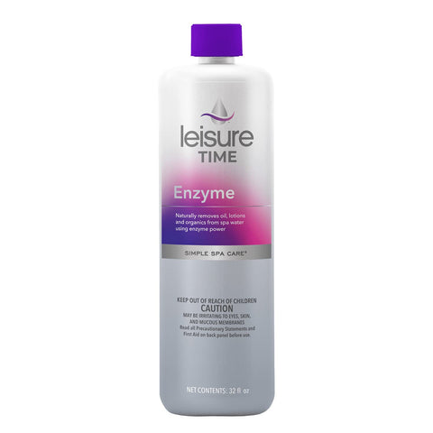 Leisure Time SGQ-02-A label close-up showing enzyme action for spa water clarity