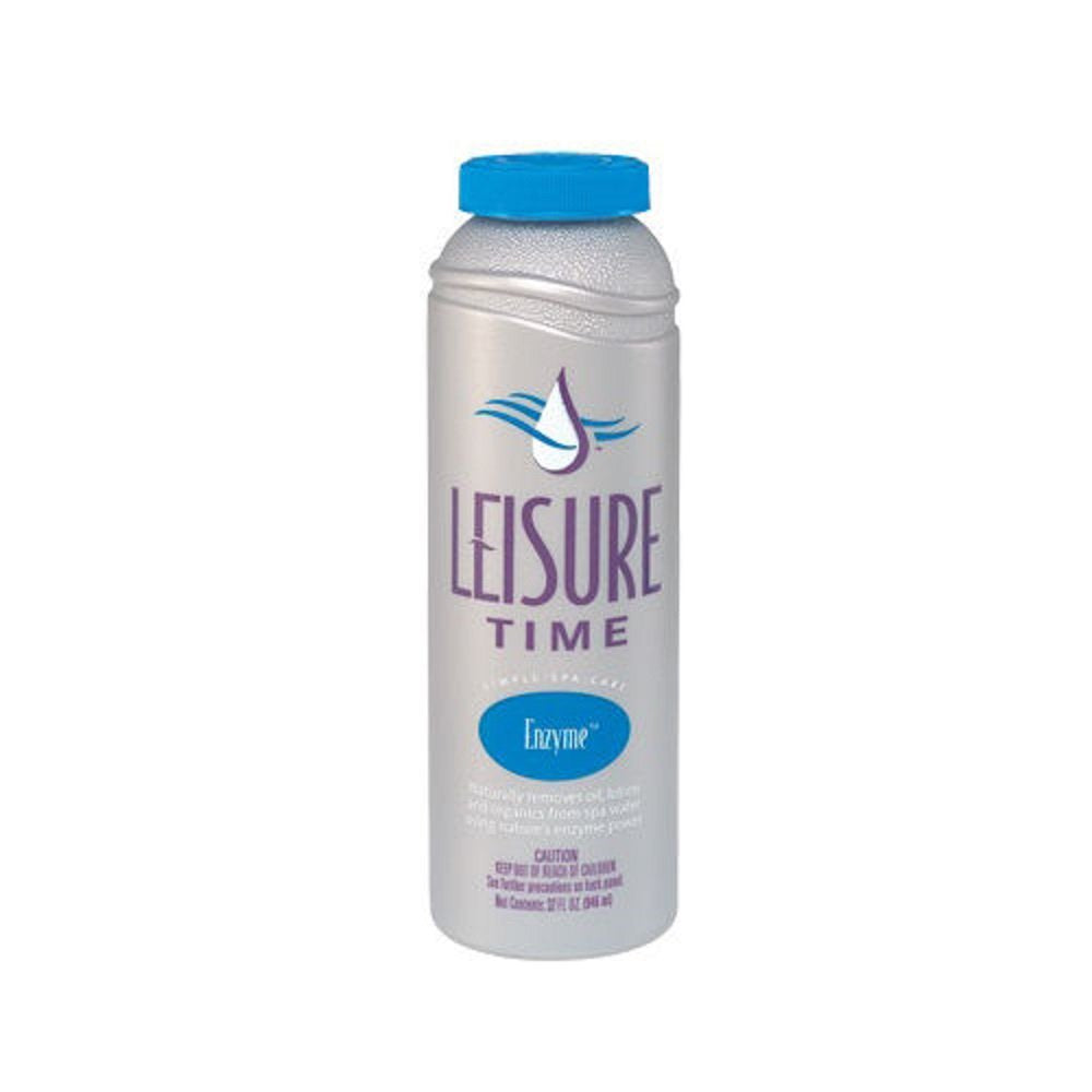 LEISURE TIME Simple Spa Care Enzyme bottle pour showing oil removal in hot tubs.