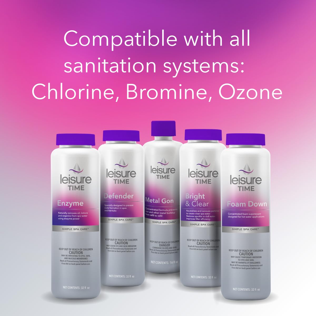 LEISURE TIME Simple Spa Care Enzyme bottle highlighting sanitizer compatibility.