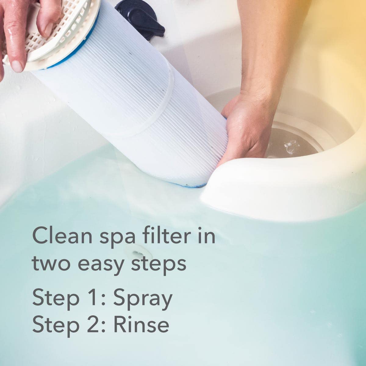 Spa cartridge during treatment illustrating compatibility with chlorine, bromine, ozone and biguanide.