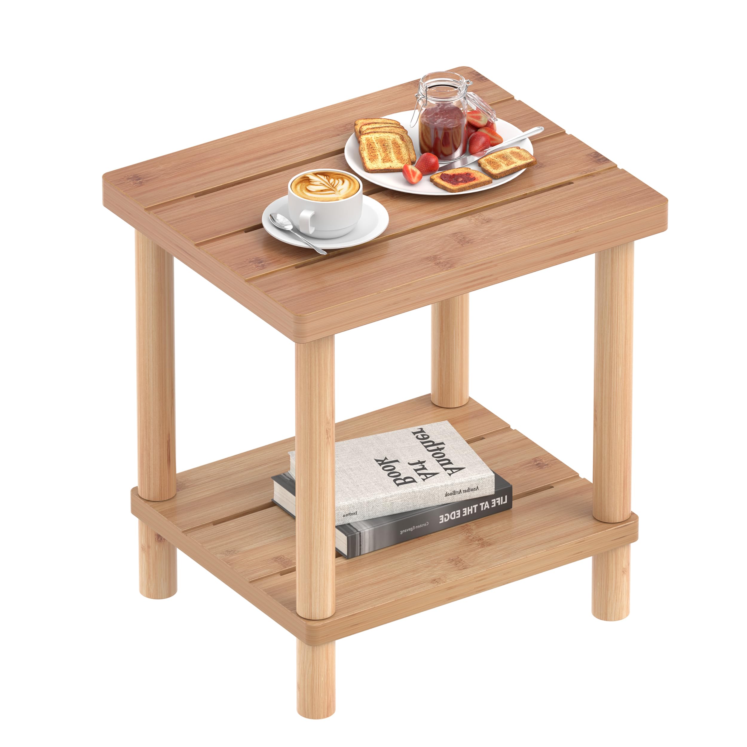 LEJANEOYE outdoor side table with upper-lower bamboo tiers for sturdy surface