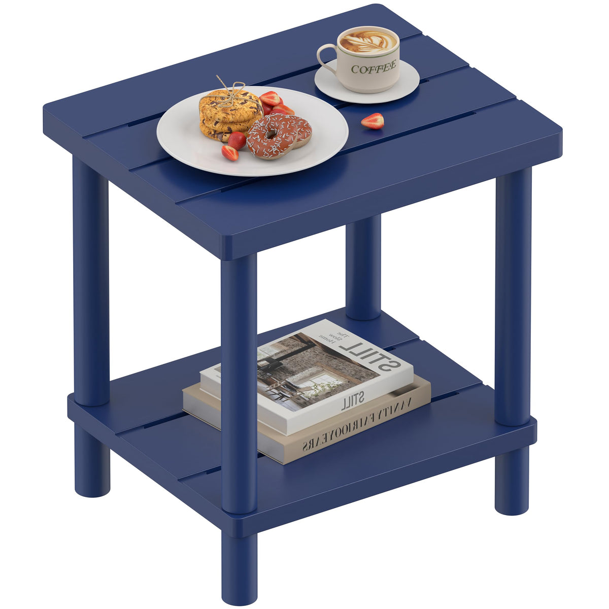 LEJANEOYE outdoor side table two-tier upper surface in bamboo for strong, stable outdoor use.