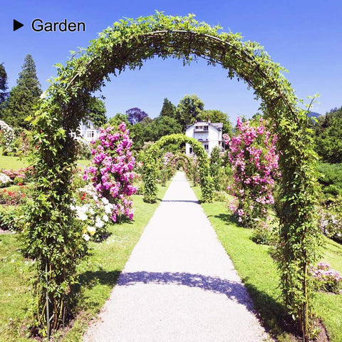 LeJoy Garden arch dimensions 7.8ft by 5.5ft framing an entry path.