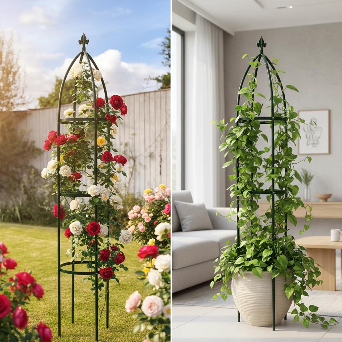LeJoy Garden decorative obelisk with garland or lights for ambiance.