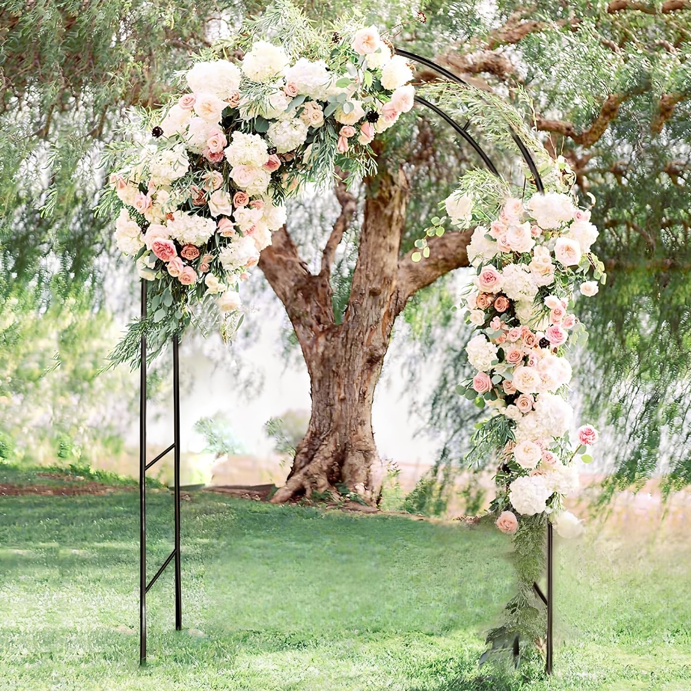 LeJoy Garden metal pergola arbor decorations with balloons and lights.