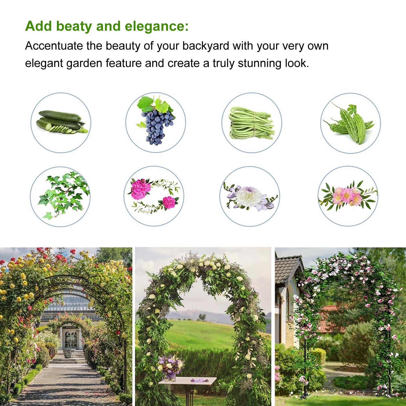LeJoy Garden metal pergola arbor supports climbing plants and vines.