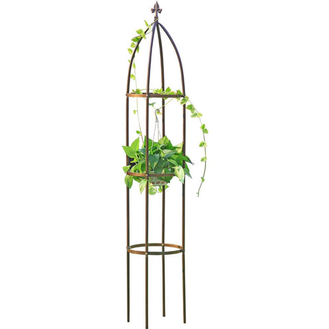 LeJoy Garden tall bronze obelisk trellis supports climbing vines.