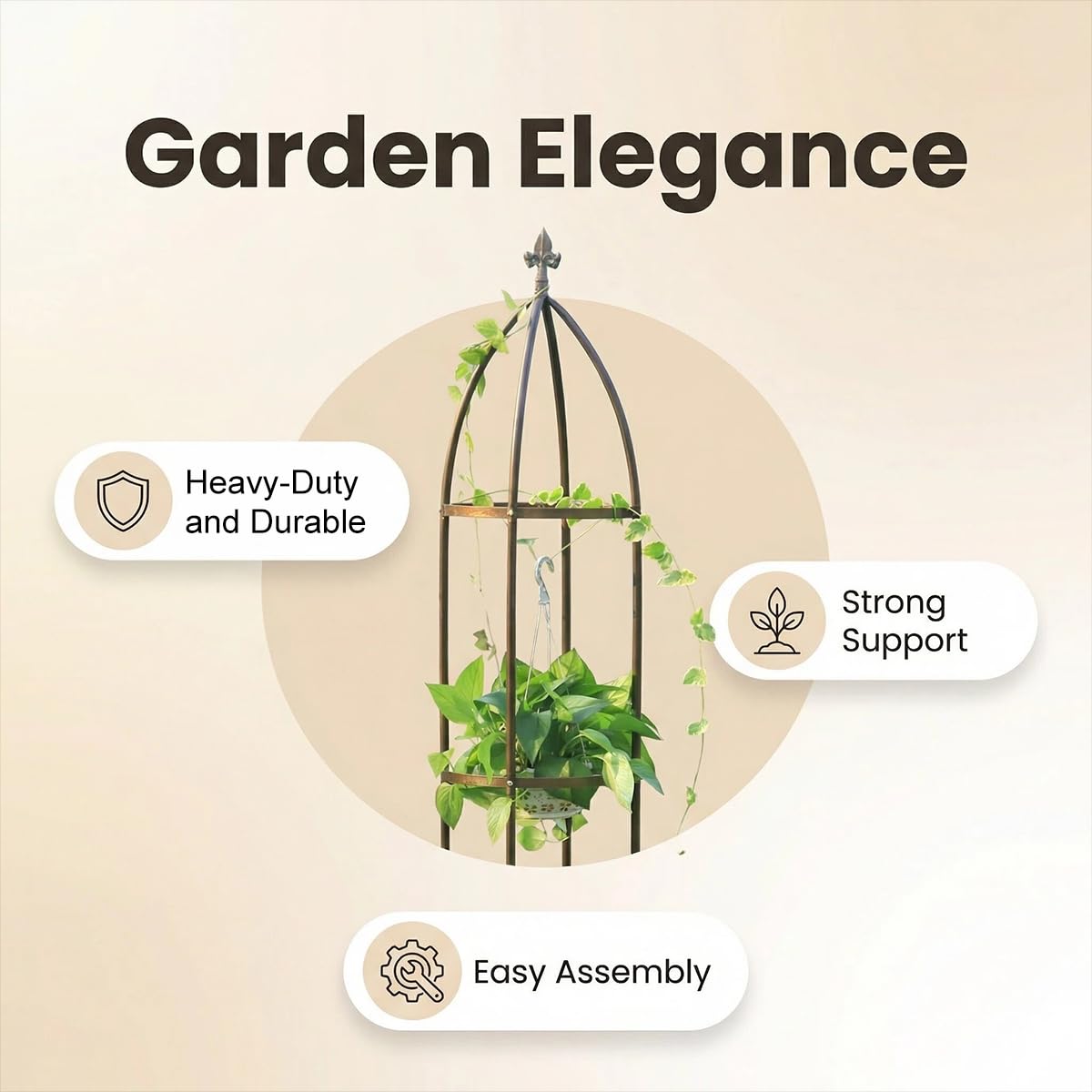 LeJoy Garden vertical trellis elevates vines for a tall, lush display.