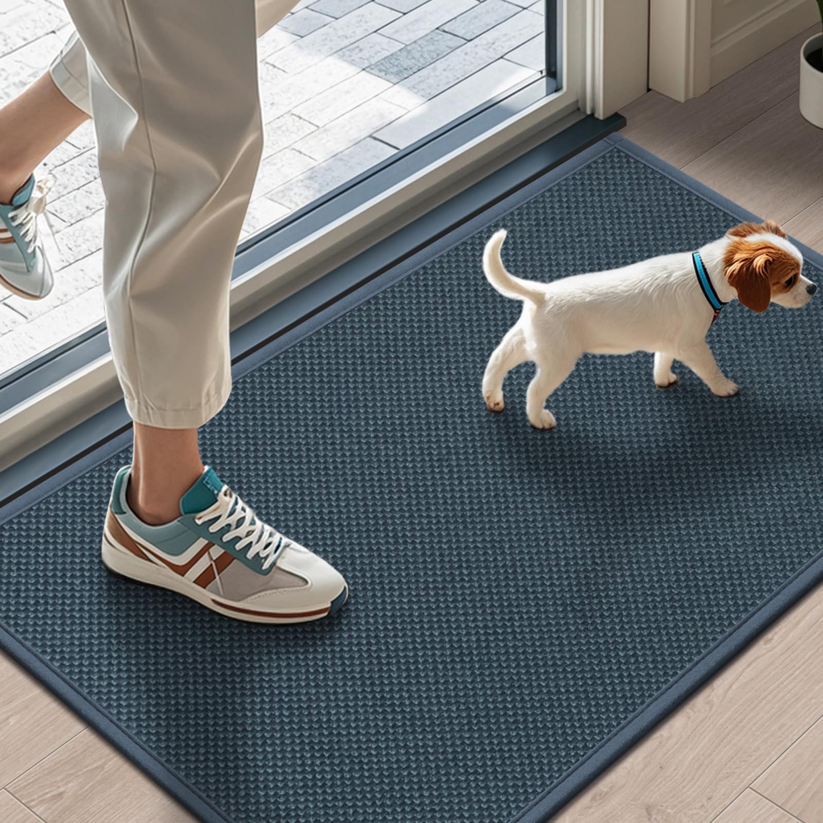 LEKEEPGO door mat cyan blue top view showing absorbent surface for moisture and dirt control