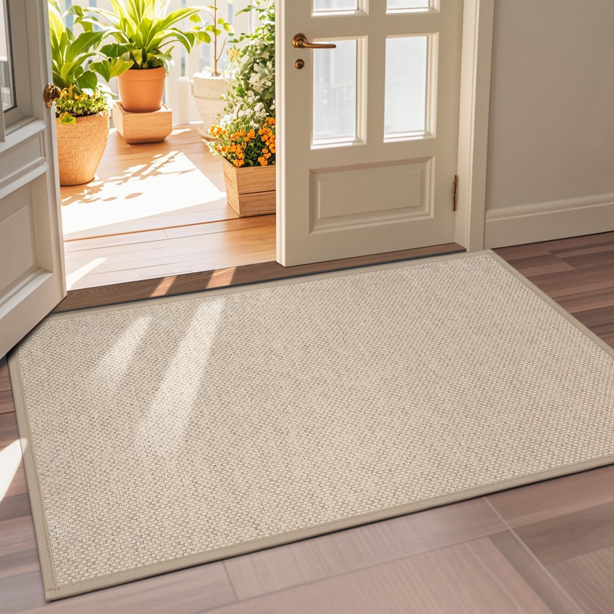 LEKEEPGO door mat front view shows khaki color and low-profile fit under doors to reduce dirt