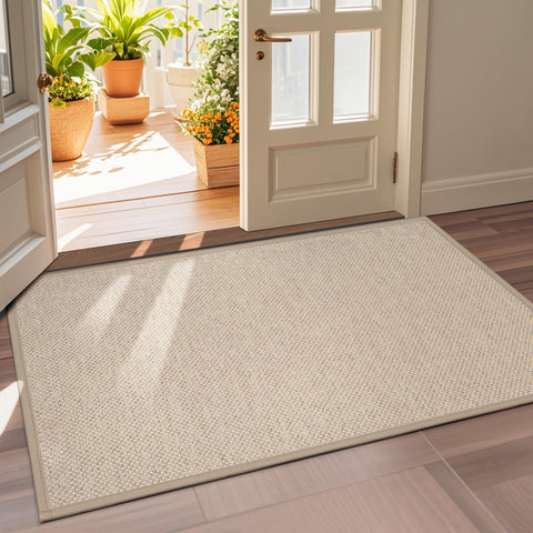 LEKEEPGO door mat front view shows khaki color and low-profile fit under doors to reduce dirt