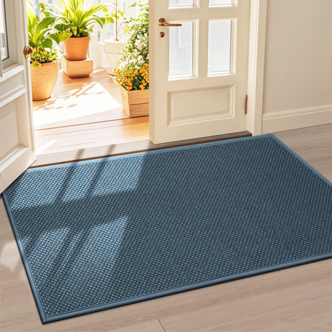 LEKEEPGO cyan blue door mat with absorbent surface keeps floors dry.