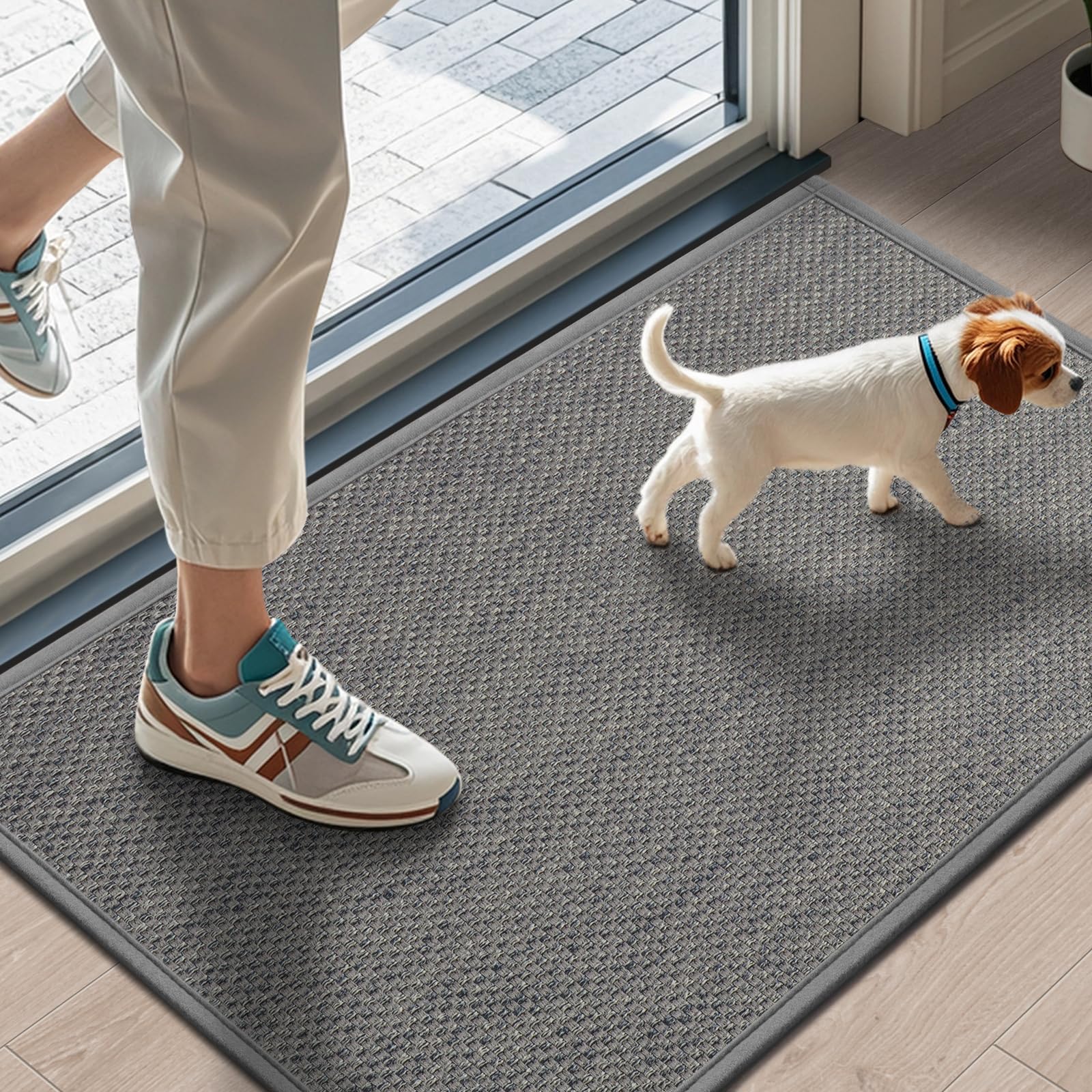 LEKEEPGO door mat with absorbent polyester texture traps moisture and dirt.