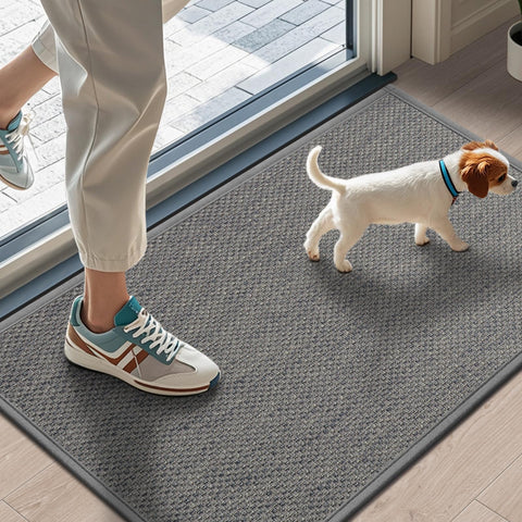 LEKEEPGO door mat with absorbent polyester texture traps moisture and dirt.