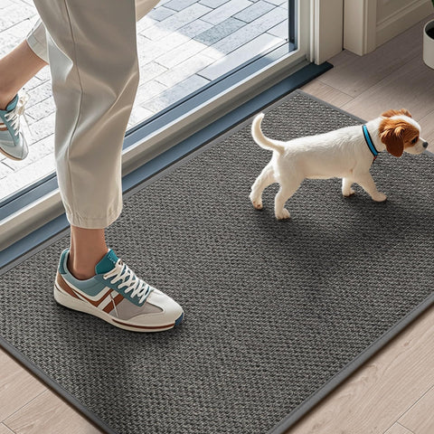 LEKEEPGO door mat 17x29 at front entryway demonstrating moisture and dirt absorption