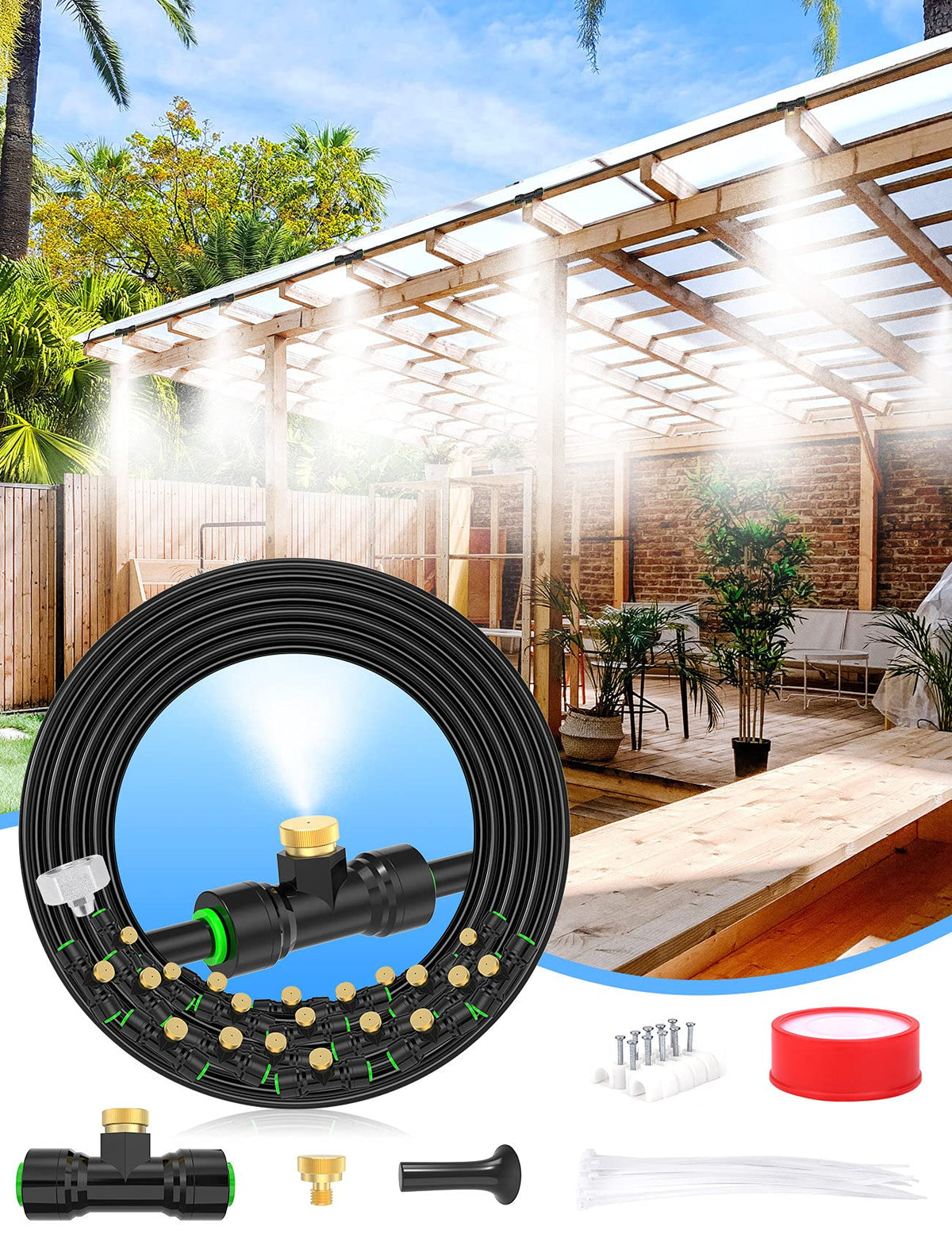 Lekit outdoor misting system with 63ft run for cooling patios.