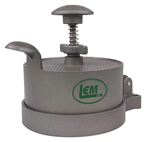 LEM adjustable burger press with spring-loaded mechanism shaping uniform patties for even cooking