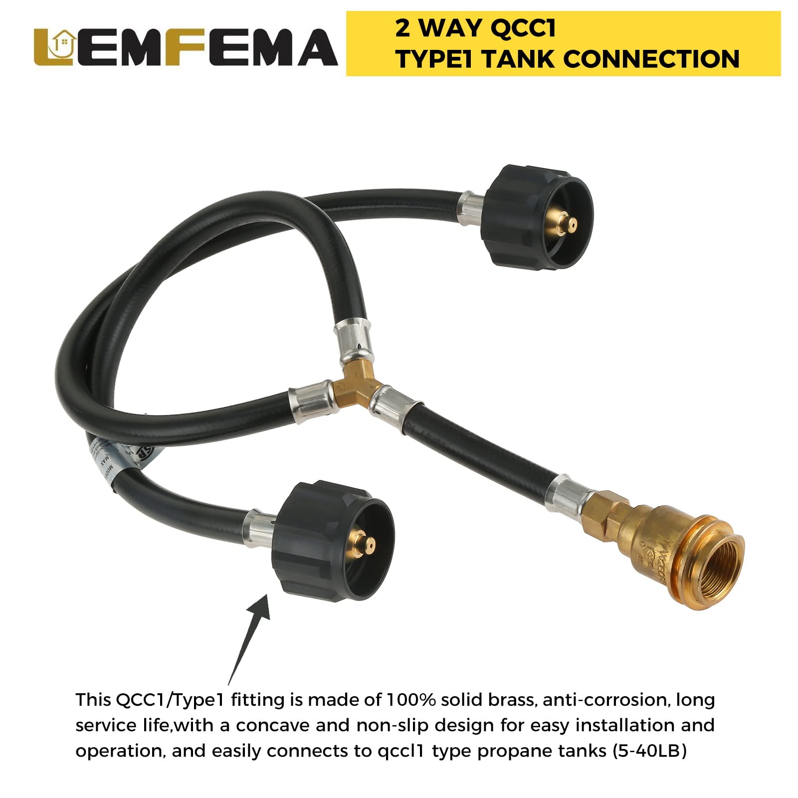 Lemfema propane hose in use with grill and heater for outdoor cooking.