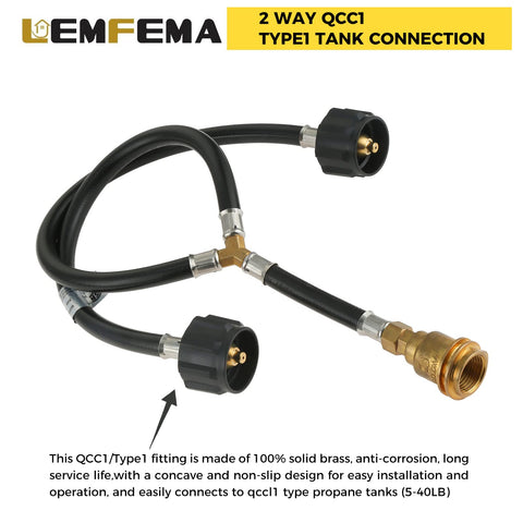Lemfema propane hose in use with grill and heater for outdoor cooking.