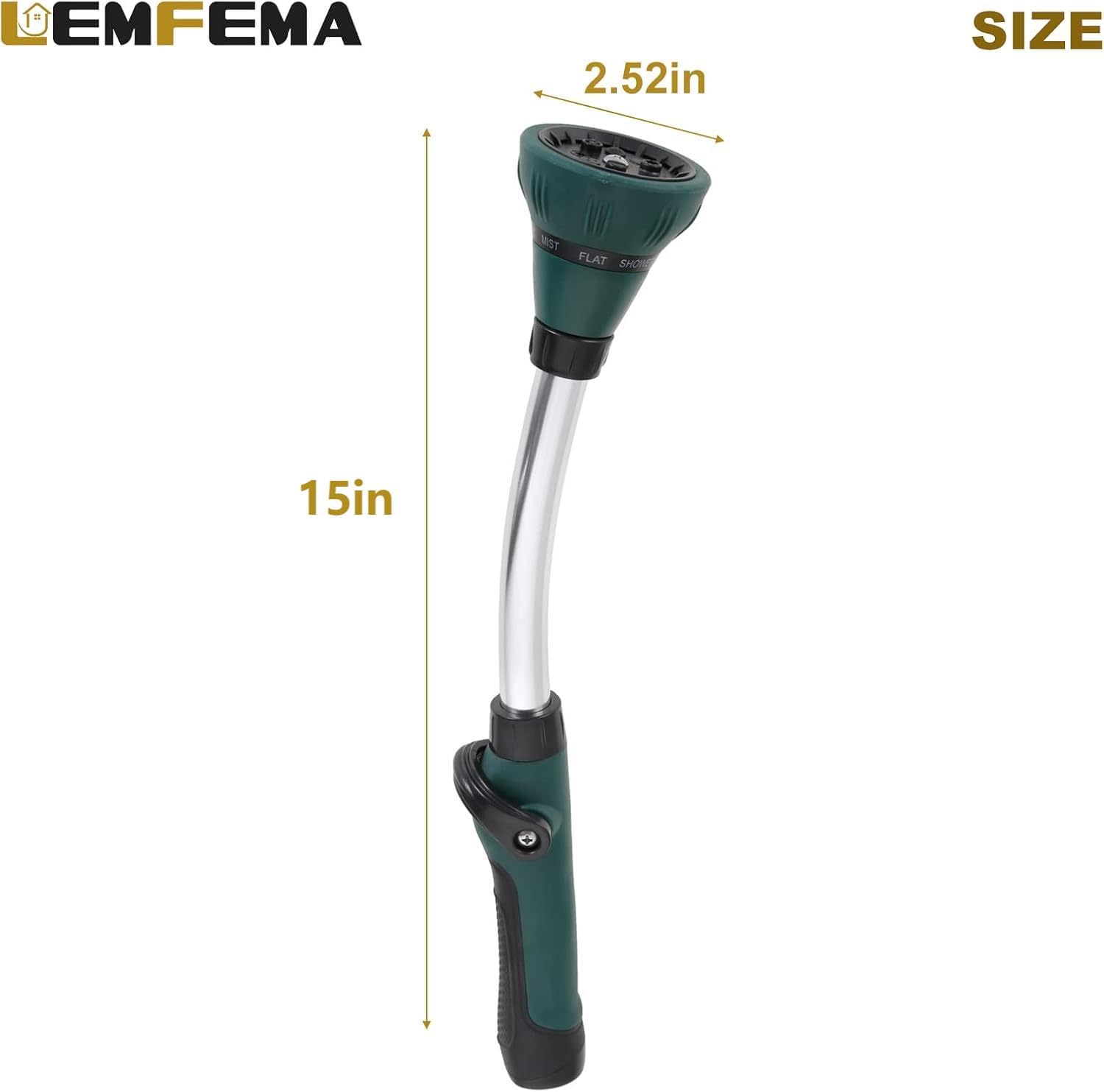 Lemfema garden hose nozzle with thumb control shut off for smooth flow.