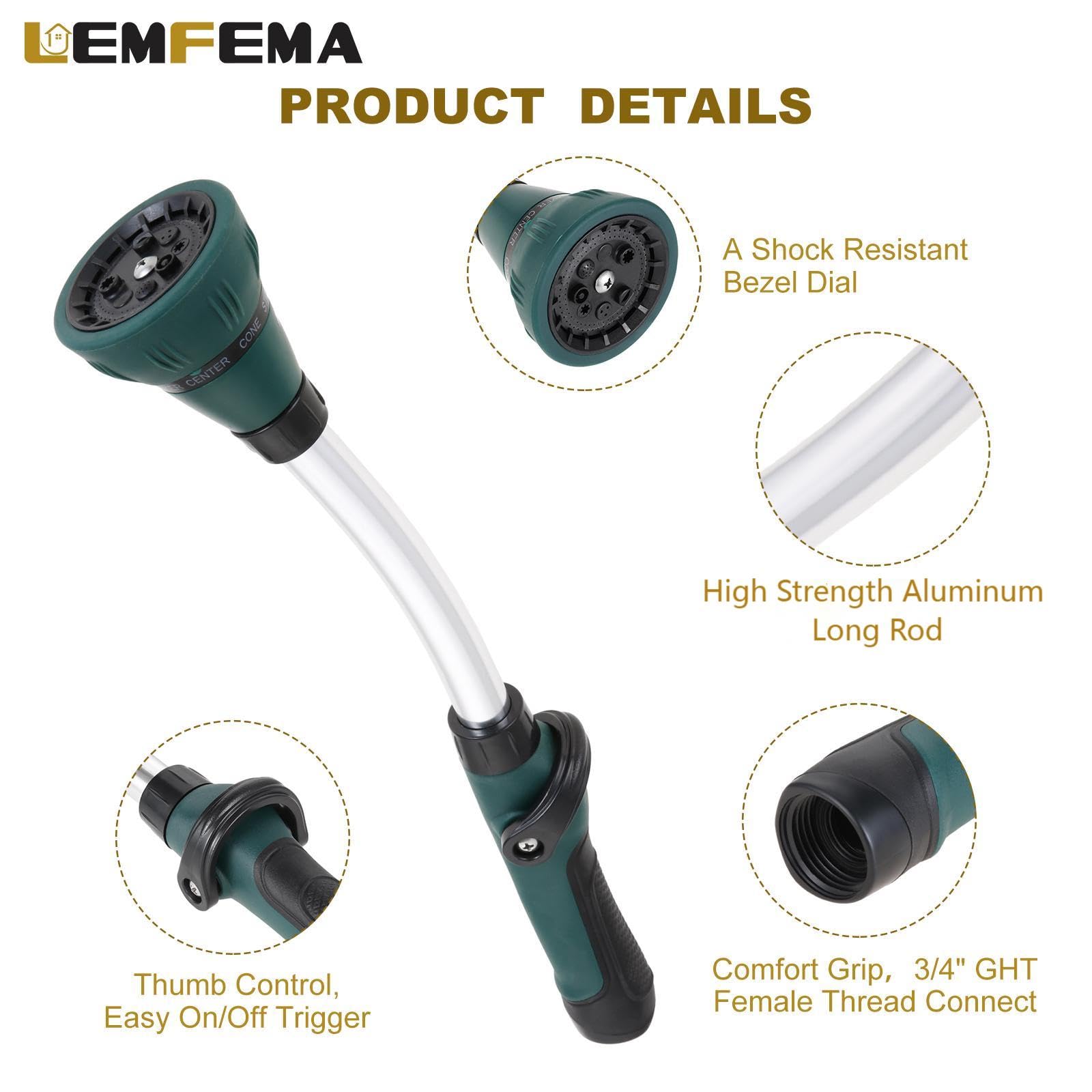 Lemfema watering wand with 8 pattern nozzle for versatile garden tasks.