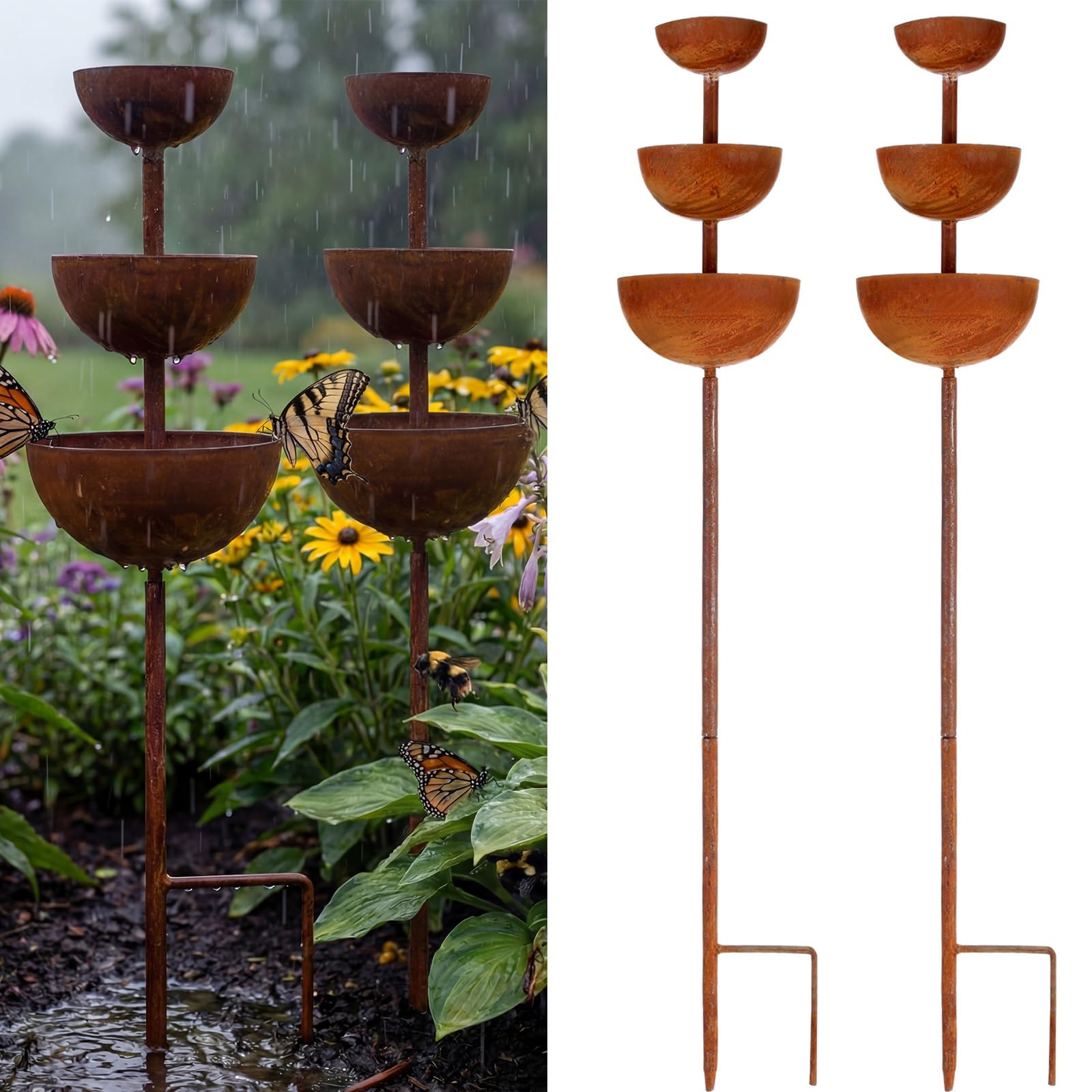 LemonRoad bee watering station with three brown bowls attracts pollinators in the garden.