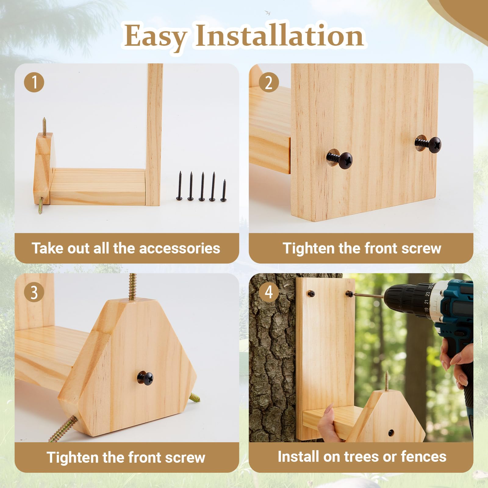 LemonRoad Easy installation with included screws on a tree or fence.