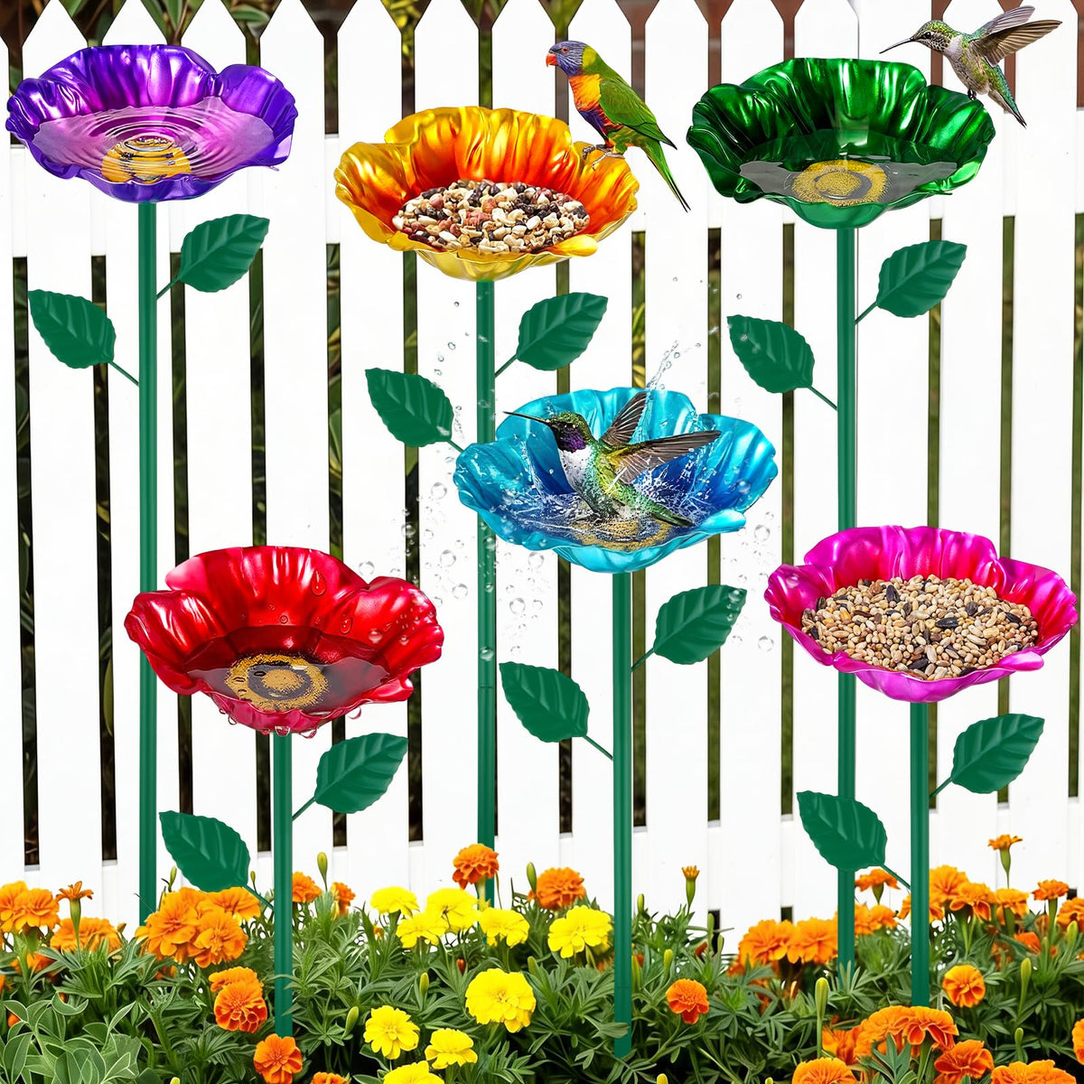 LemonRoad flower bird bath green with stake for garden water and color.