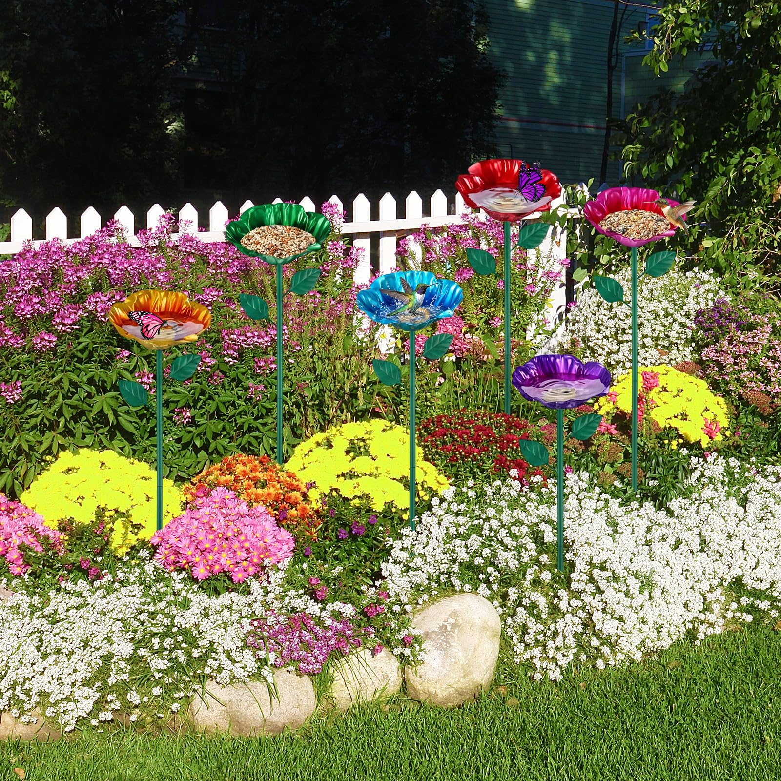 LemonRoad flower bird bath rose-pink with stake enhances outdoor charm.