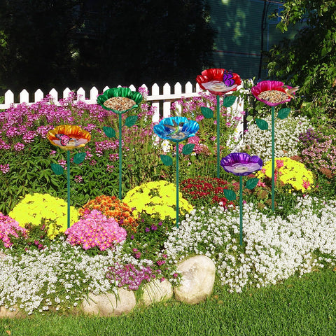 LemonRoad flower bird bath rose-pink with stake enhances outdoor charm.