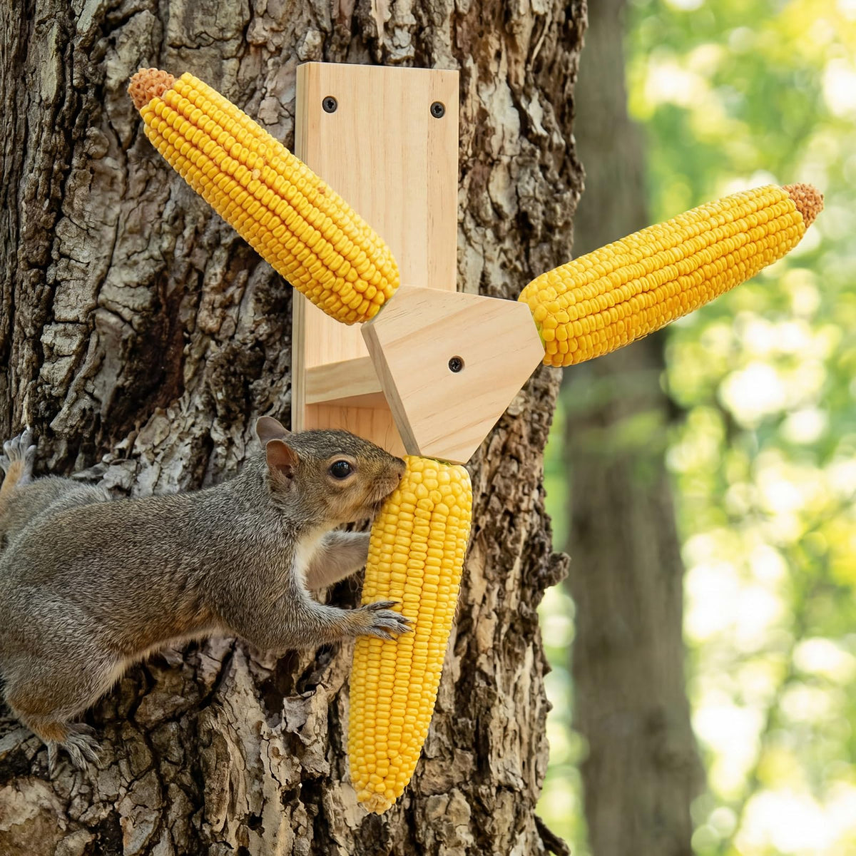 LemonRoad Squirrel Feeder outdoors blends with garden scenery for natural feeding.