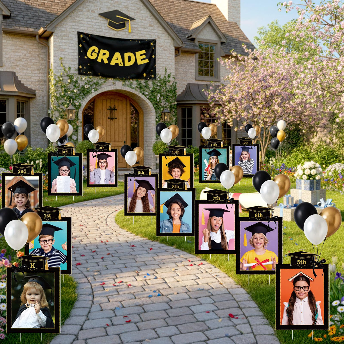 LemonSecret Class of 2026 yard sign set with yearly photo frames for milestones.