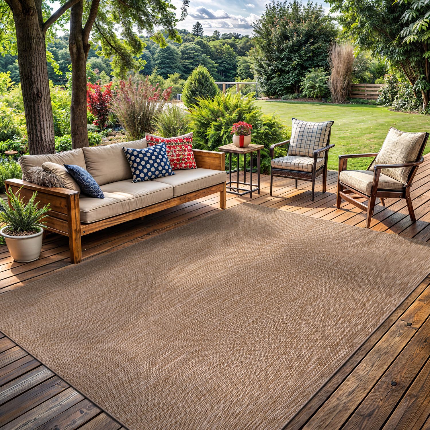 Lena Rug beige-toned outdoor rug complements neutral furniture