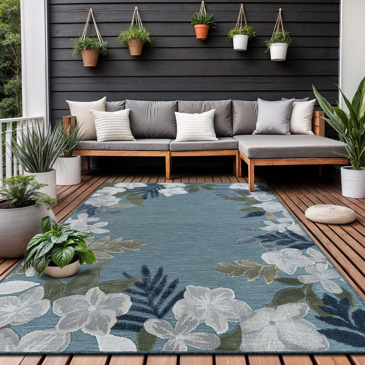 Lena Rug outdoor 5x7 with aqua border floral adds vibrant texture to patios