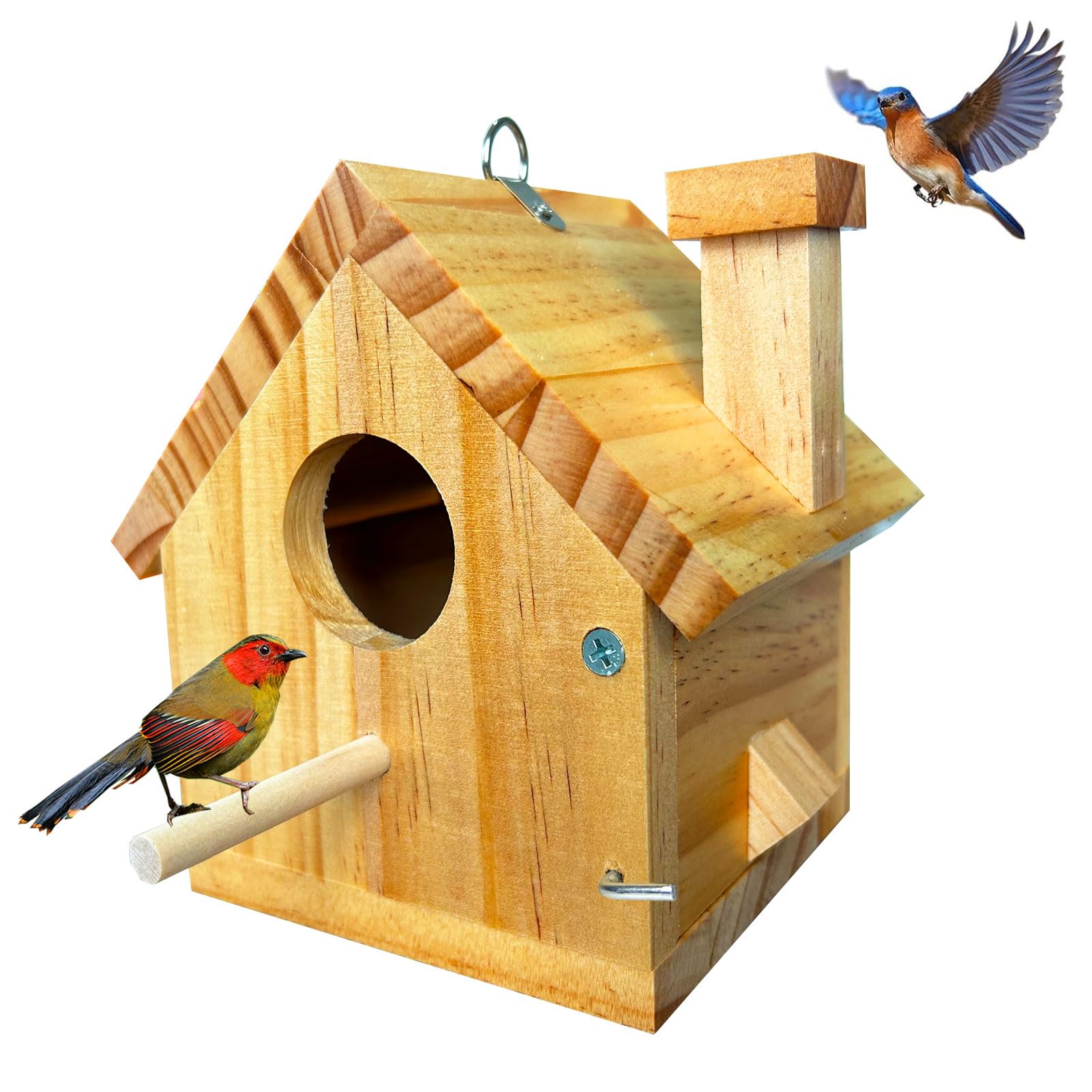 LENEDI outdoor bird house in natural wood attracts small garden birds
