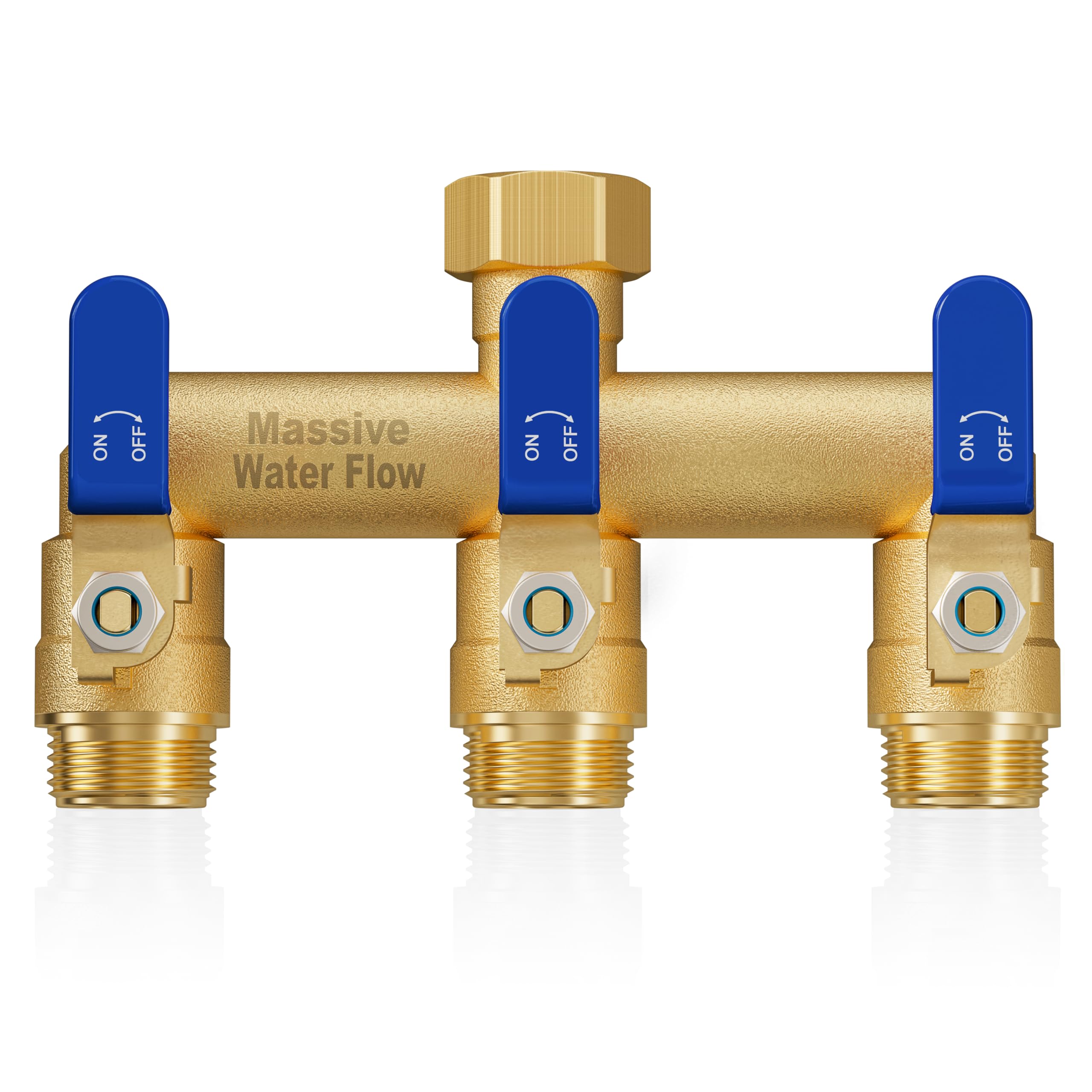 LNEZCDB blue brass 3-way hose splitter with full flow for outdoor watering.