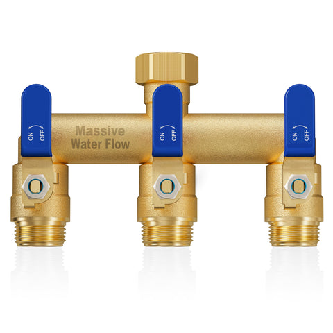 LNEZCDB blue brass 3-way hose splitter with full flow for outdoor watering.