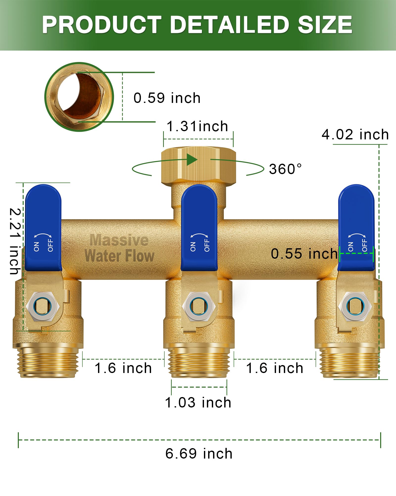 LNEZCDB brass splitter with elongated valve handle for easy grip.
