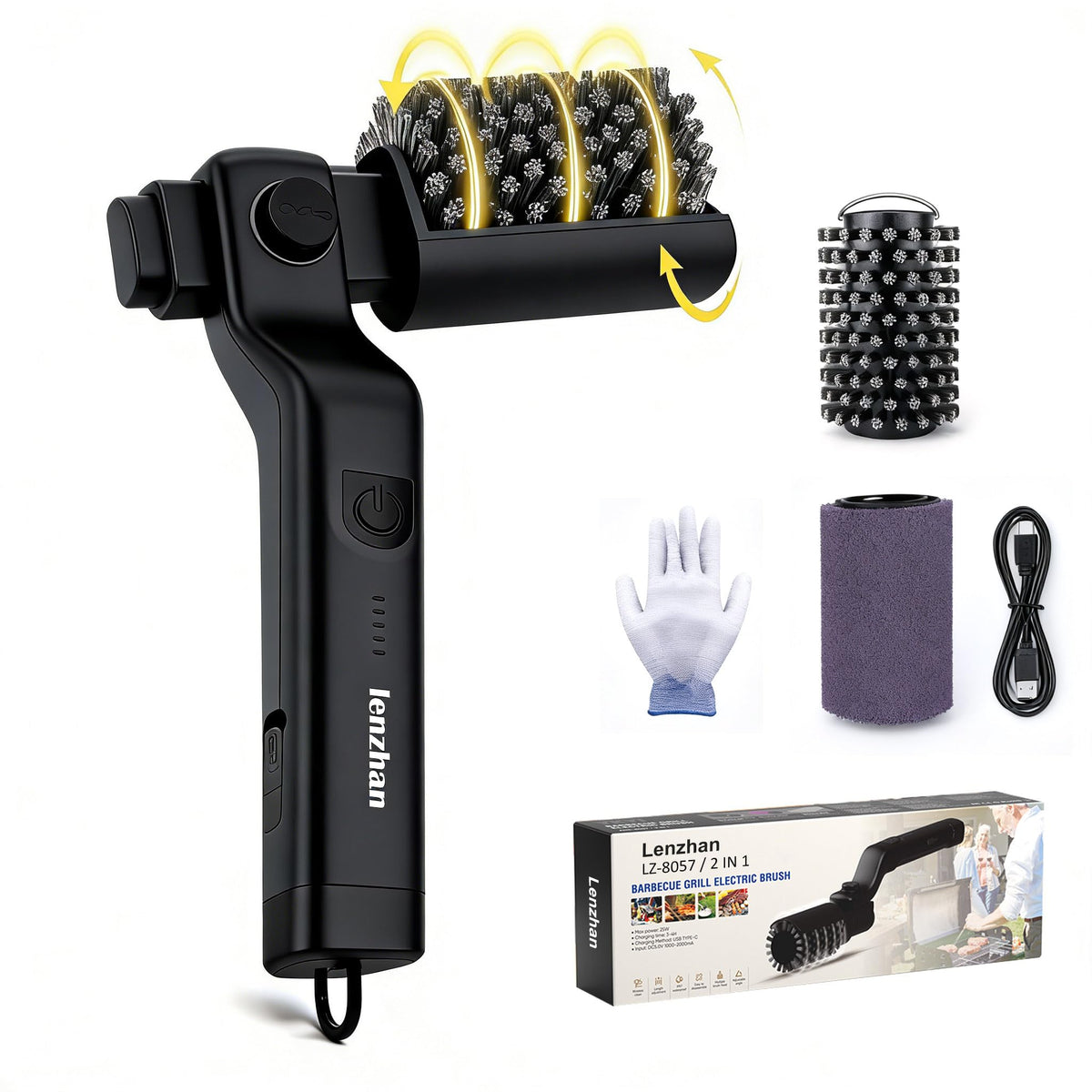 Lenzhan cordless grill brush with adjustable head reaching tight corners for all grills.