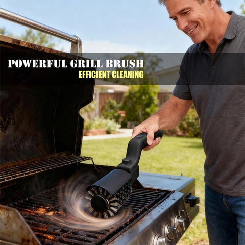 Lenzhan grill brush showing its 3-speed motor for different cleaning tasks.