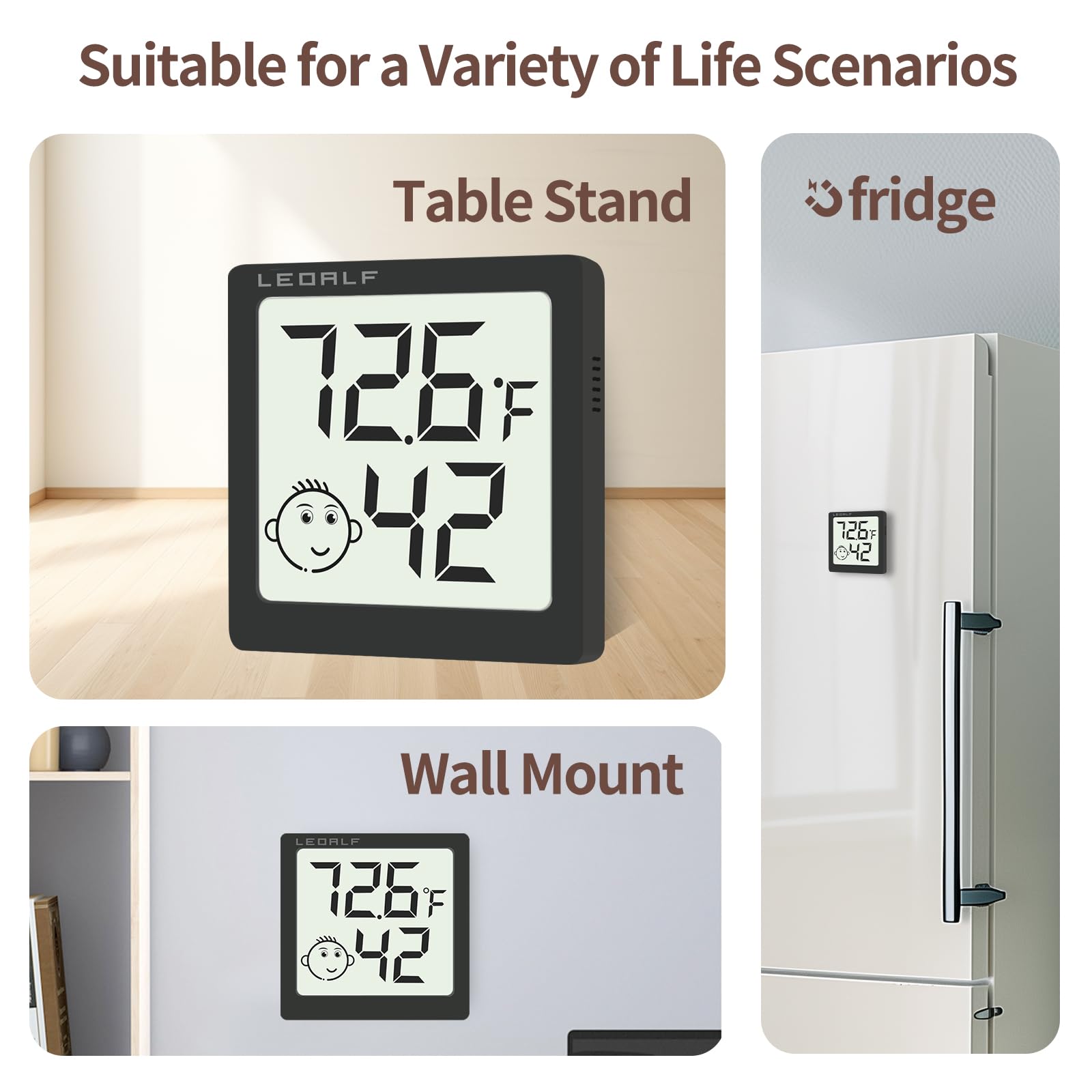 LEOALF mini humidity meter adhesive pads for flexible wall or shelf placement
