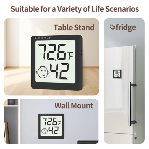LEOALF mini humidity meter adhesive pads for flexible wall or shelf placement
